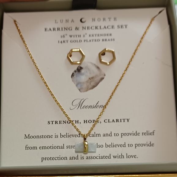 2 PC LUNA NORTE 14K GP HEXAGON EARRINGS & NECKLACES WITH MOONSTONE GEMSTONE - Picture 8 of 12